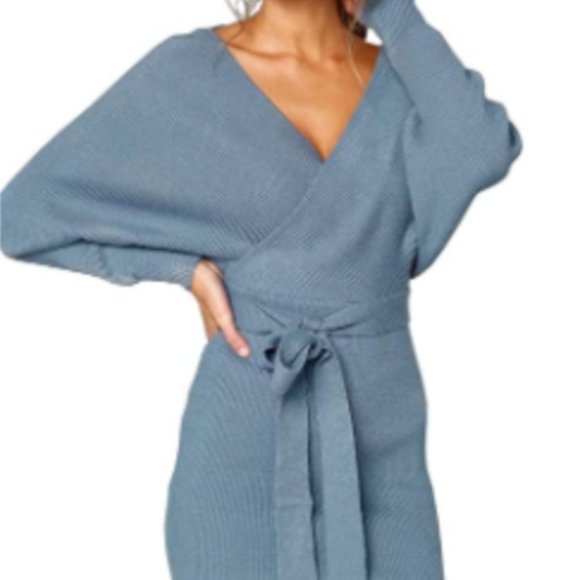 Sky Blue Plunge Belted Batwing Knit Sweater Dress - Picture 6 of 9